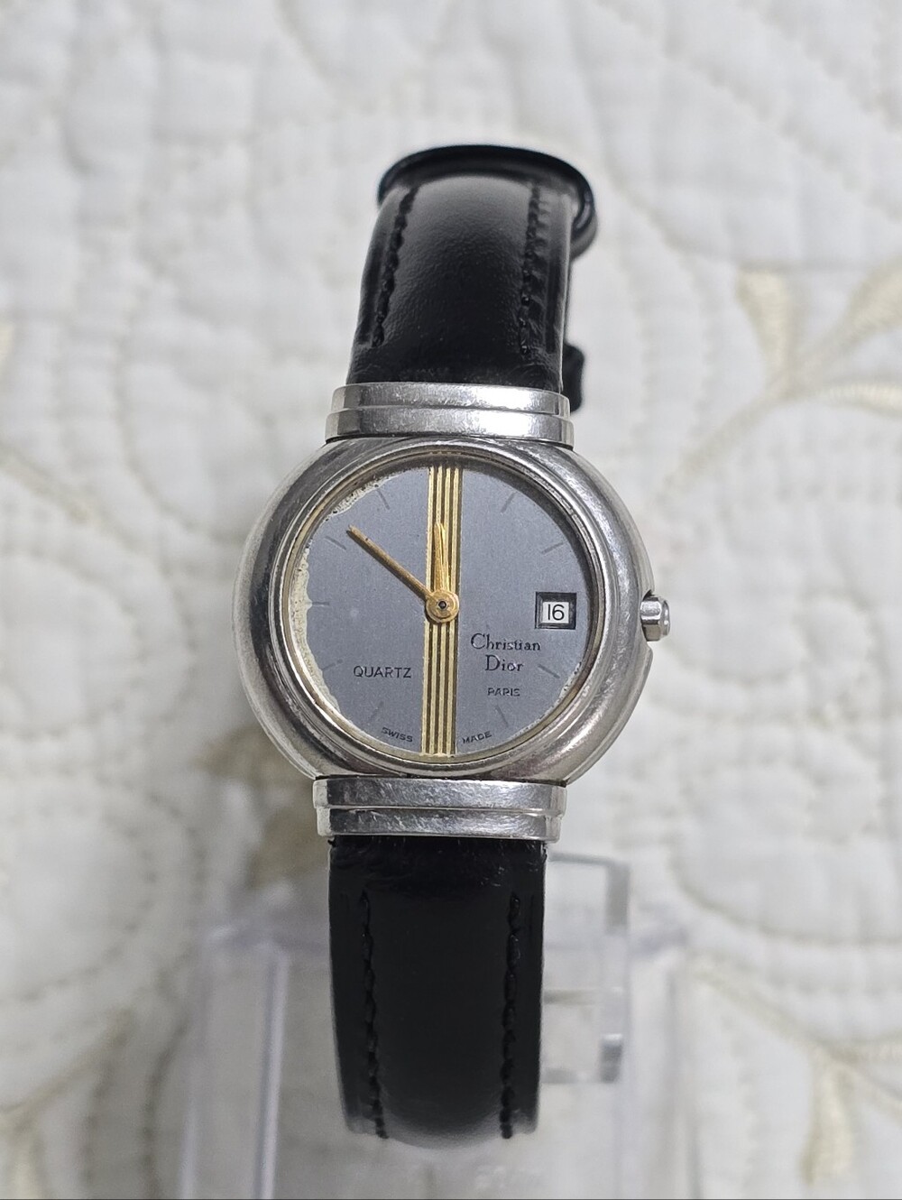 Vintage Christian Dior Ladies Quartz Watch Silver Gray Dial Gold Stripe Luxury